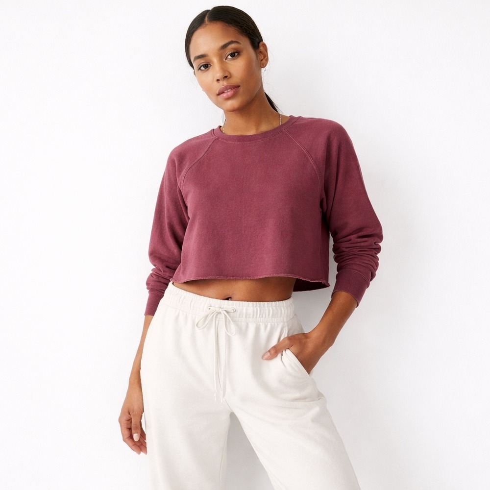 Pact Cropped Sweatshirt Burgundy Raglan Sleeve‎ Raw Hem Organic Cotton Size L